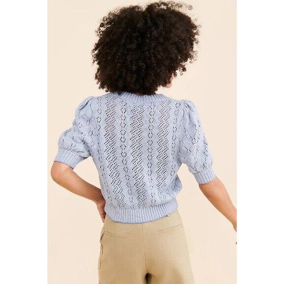 Free People Sweater Womens L Blue Eloise Pullover Short Puff Sleeve Open Knit - Picture 5 of 8
